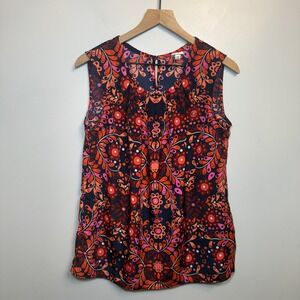 Merona Women's Sleeveless Pleated Blouse Navy Orange Pink Floral Print Large
